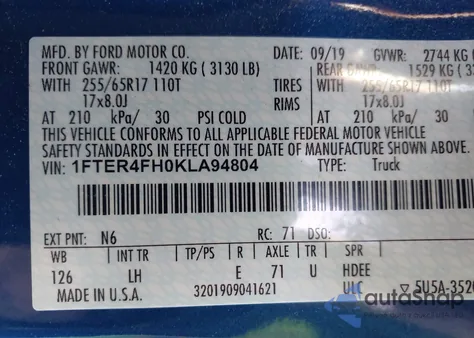 2019 Ford Ranger Xl from USA, damaged, VIN 1FTER4FH0KLA94804